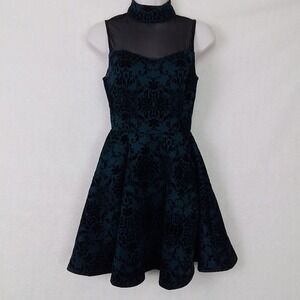 Windsor XS Skater Dress Black Teal Velvet‎ Flocked Mesh Illusion Neck Sleeveless
